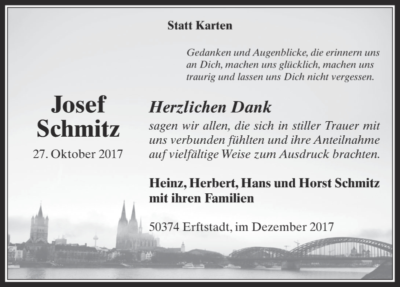  Traueranzeige für Josef Schmitz vom 13.12.2017 aus  Werbepost 