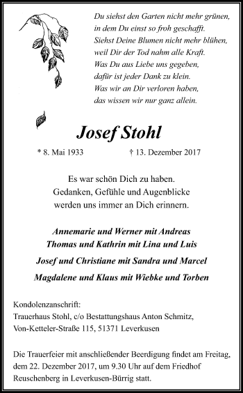 Anzeige von Josef Stohl von Kölner Stadt-Anzeiger / Kölnische Rundschau / Express
