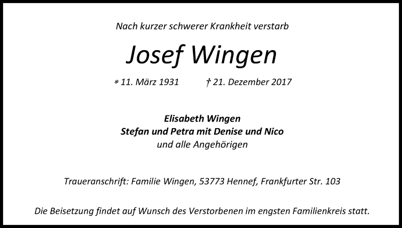  Traueranzeige für Josef Wingen vom 28.12.2017 aus Kölner Stadt-Anzeiger / Kölnische Rundschau / Express