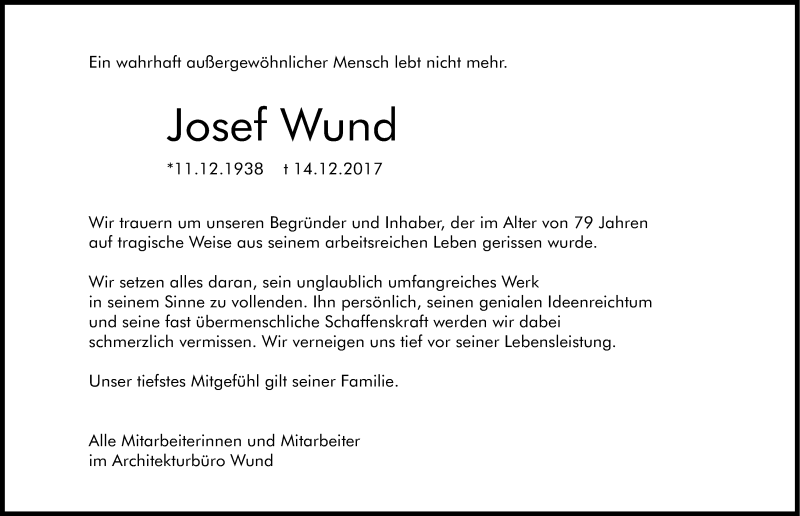  Traueranzeige für Josef Wund vom 23.12.2017 aus Kölner Stadt-Anzeiger / Kölnische Rundschau / Express