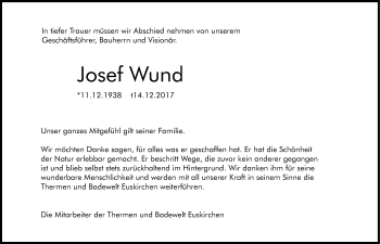 Anzeige von Josef Wund von Kölner Stadt-Anzeiger / Kölnische Rundschau / Express