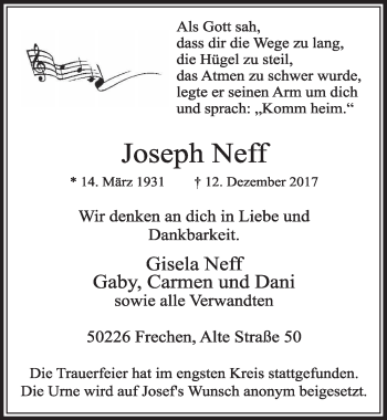 Anzeige von Joseph Neff von  Sonntags-Post 
