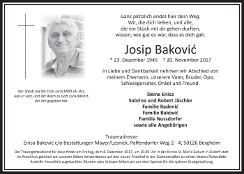 Anzeige von Josip Bakovic von  Sonntags-Post 