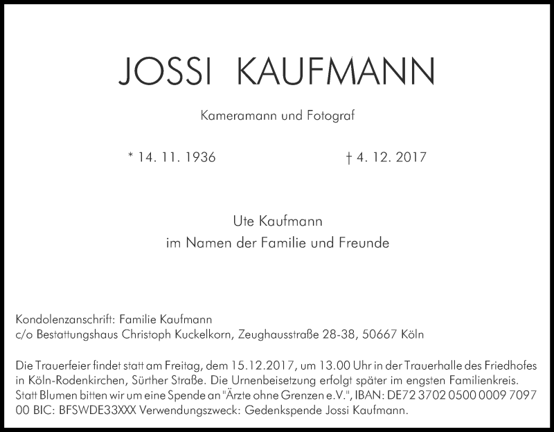  Traueranzeige für Jossi Kaufmann vom 09.12.2017 aus Kölner Stadt-Anzeiger / Kölnische Rundschau / Express