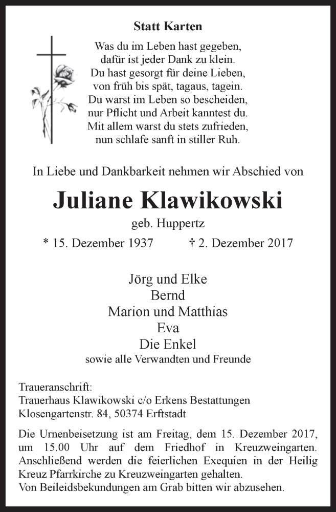  Traueranzeige für Juliane Klawikowski vom 09.12.2017 aus  Blickpunkt Euskirchen 
