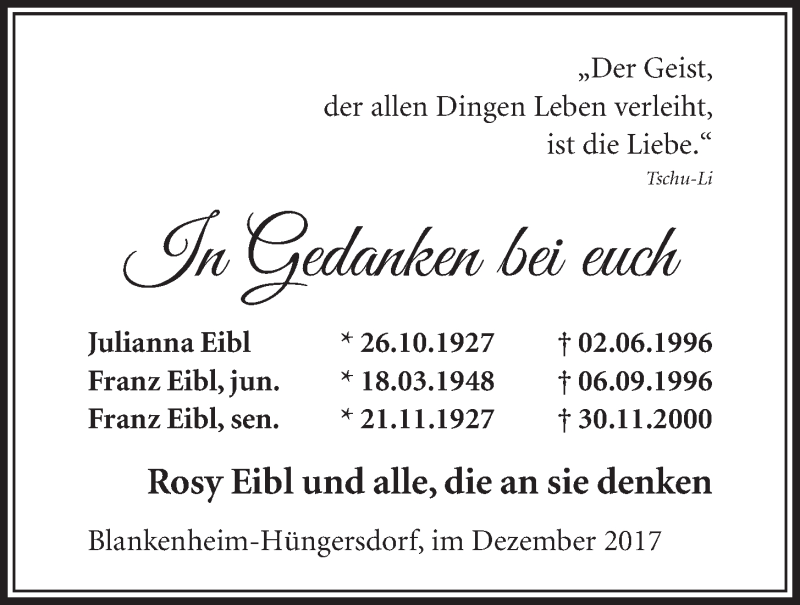  Traueranzeige für Julianna Eibl vom 13.12.2017 aus  Schlossbote/Werbekurier 