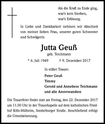 Anzeige von Jutta Geuß von Kölner Stadt-Anzeiger / Kölnische Rundschau / Express