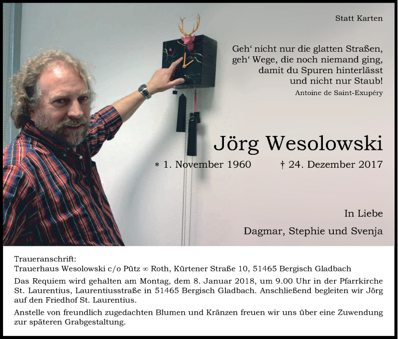  Traueranzeige für Jörg Wesolowski vom 30.12.2017 aus Kölner Stadt-Anzeiger / Kölnische Rundschau / Express