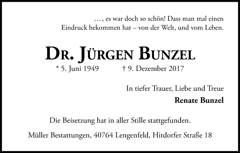  Traueranzeige für Jürgen Bunzel vom 23.12.2017 aus Kölner Stadt-Anzeiger / Kölnische Rundschau / Express