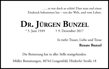 Anzeige von Jürgen Bunzel von Kölner Stadt-Anzeiger / Kölnische Rundschau / Express