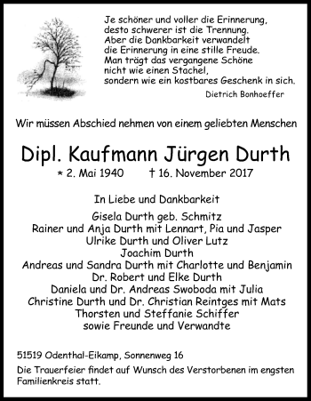 Anzeige von Jürgen Durth von Kölner Stadt-Anzeiger / Kölnische Rundschau / Express