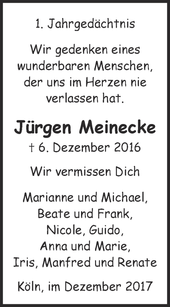  Traueranzeige für Jürgen Meinecke vom 06.12.2017 aus  Kölner Wochenspiegel 