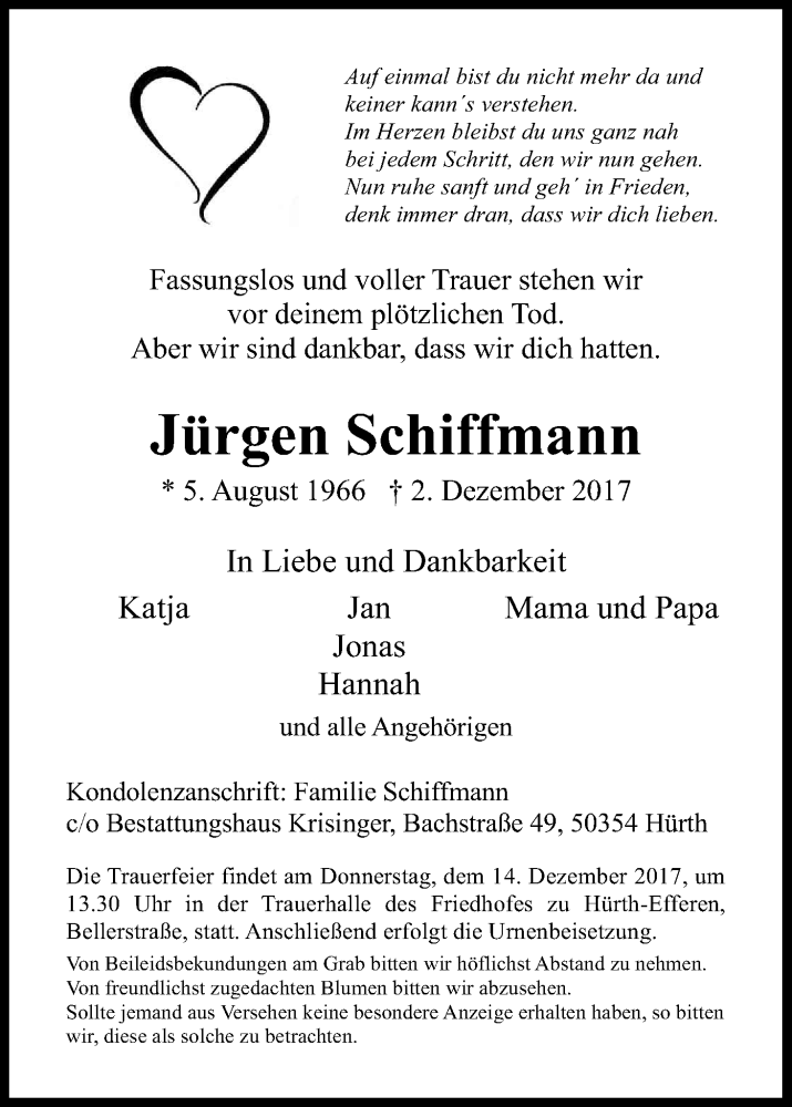  Traueranzeige für Jürgen Schiffmann vom 09.12.2017 aus Kölner Stadt-Anzeiger / Kölnische Rundschau / Express