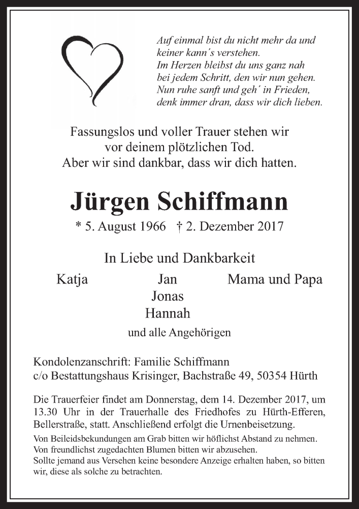  Traueranzeige für Jürgen Schiffmann vom 09.12.2017 aus  Sonntags-Post 