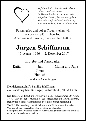 Anzeige von Jürgen Schiffmann von Kölner Stadt-Anzeiger / Kölnische Rundschau / Express