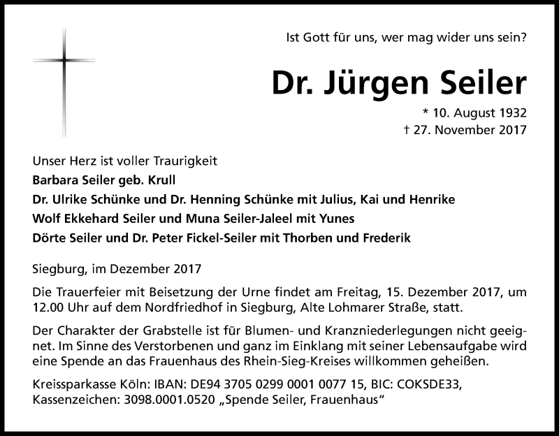 Traueranzeige für Jürgen  Seiler vom 09.12.2017 aus Kölner Stadt-Anzeiger / Kölnische Rundschau / Express
