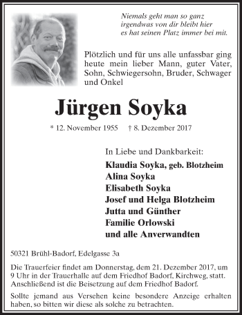 Anzeige von Jürgen Soyka von  Schlossbote/Werbekurier 