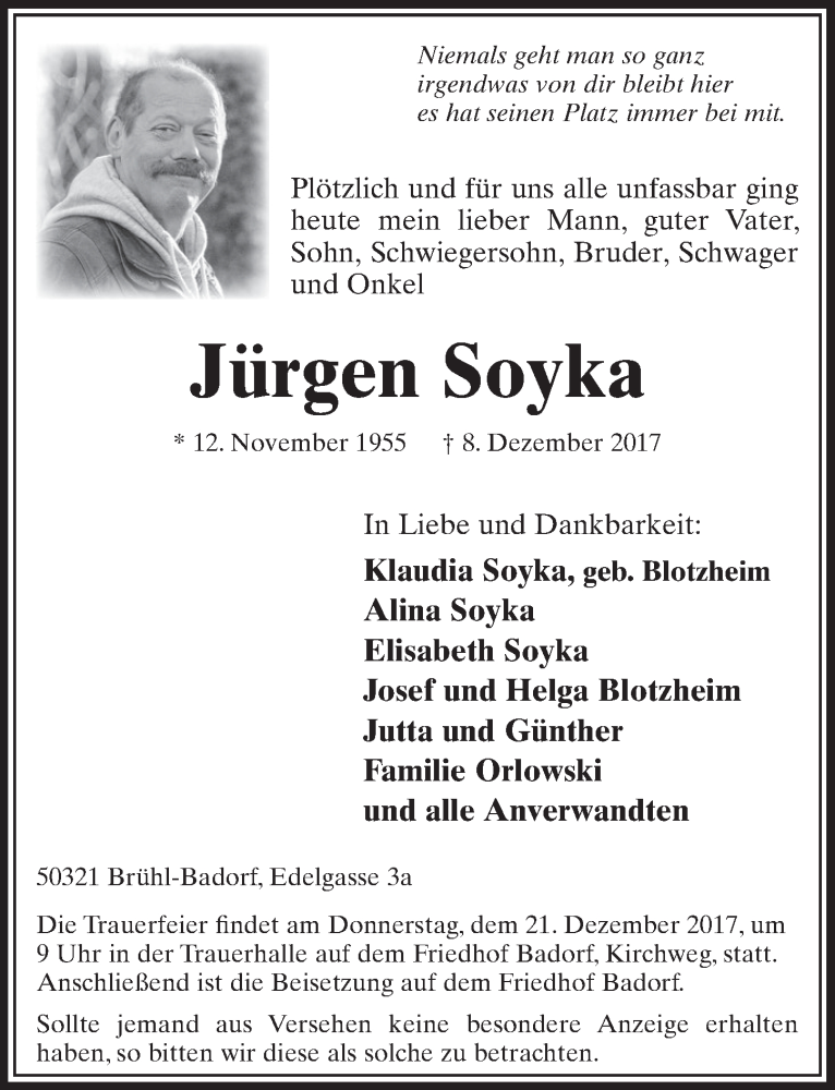  Traueranzeige für Jürgen Soyka vom 20.12.2017 aus  Schlossbote/Werbekurier 