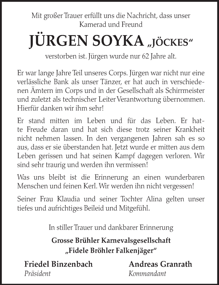  Traueranzeige für Jürgen Soyka vom 20.12.2017 aus  Schlossbote/Werbekurier 