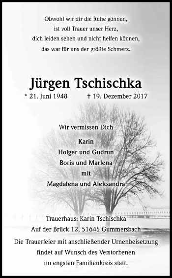 Anzeige von Jürgen Tschischka von Kölner Stadt-Anzeiger / Kölnische Rundschau / Express