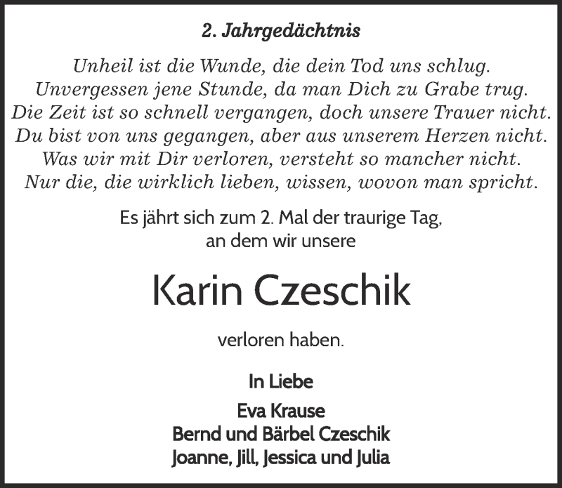  Traueranzeige für Karin Czeschik vom 09.12.2017 aus  Blickpunkt Euskirchen  Sonntags-Post 