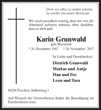 Anzeige von Karin Grunwald von  Wochenende 