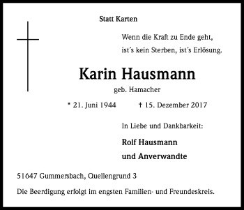 Anzeige von Karin Hausmann von Kölner Stadt-Anzeiger / Kölnische Rundschau / Express