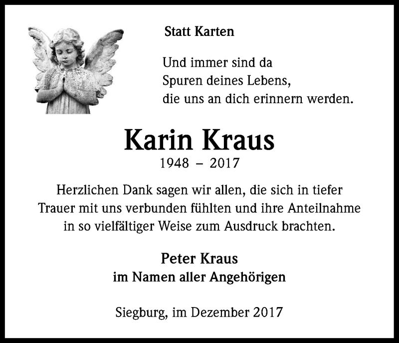  Traueranzeige für Karin Kraus vom 09.12.2017 aus Kölner Stadt-Anzeiger / Kölnische Rundschau / Express
