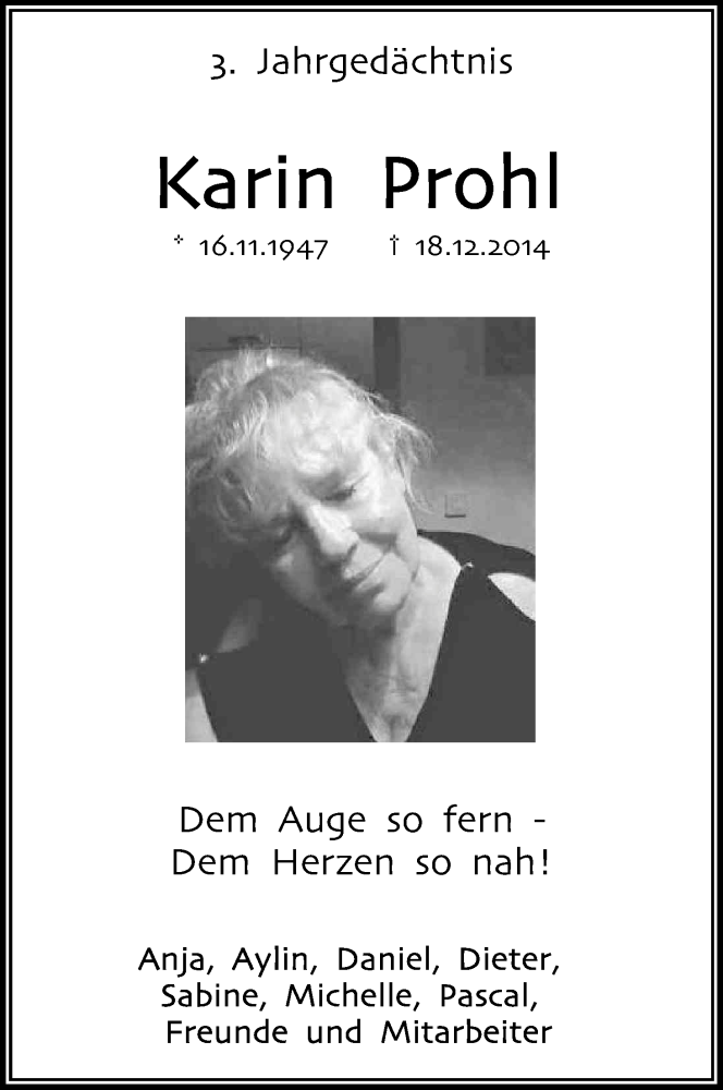  Traueranzeige für Karin Prohl vom 18.12.2017 aus Kölner Stadt-Anzeiger / Kölnische Rundschau / Express