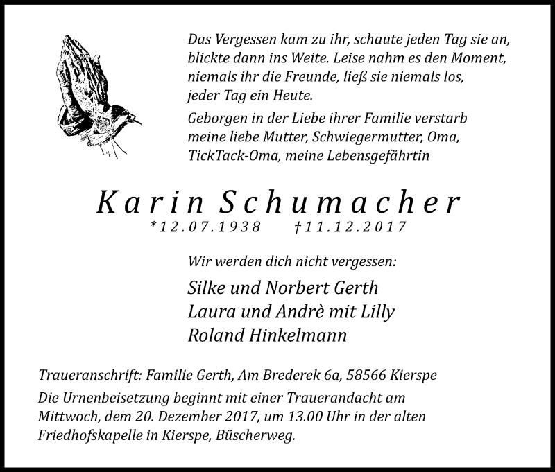  Traueranzeige für Karin Schumacher vom 16.12.2017 aus Kölner Stadt-Anzeiger / Kölnische Rundschau / Express