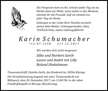 Anzeige von Karin Schumacher von Kölner Stadt-Anzeiger / Kölnische Rundschau / Express