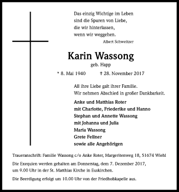 Anzeige von Karin Wassong von Kölner Stadt-Anzeiger / Kölnische Rundschau / Express