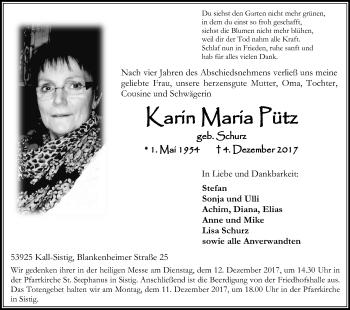 Anzeige von Karin Maria Pütz von Kölner Stadt-Anzeiger / Kölnische Rundschau / Express
