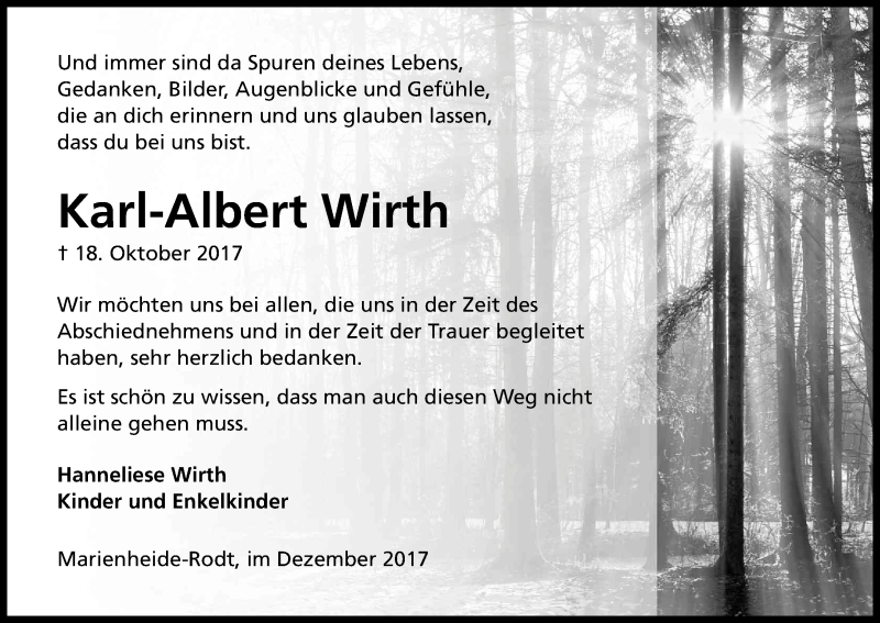  Traueranzeige für Karl-Albert Wirth vom 09.12.2017 aus Kölner Stadt-Anzeiger / Kölnische Rundschau / Express