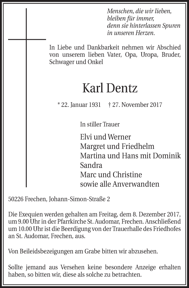  Traueranzeige für Karl Dentz vom 02.12.2017 aus  Sonntags-Post 