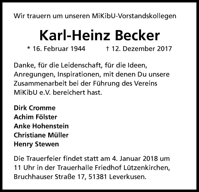 Traueranzeige für Karl-Heinz Becker vom 23.12.2017 aus Kölner Stadt-Anzeiger / Kölnische Rundschau / Express