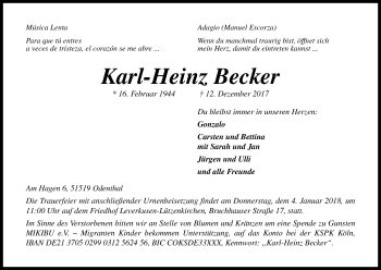 Anzeige von Karl-Heinz Becker von Kölner Stadt-Anzeiger / Kölnische Rundschau / Express