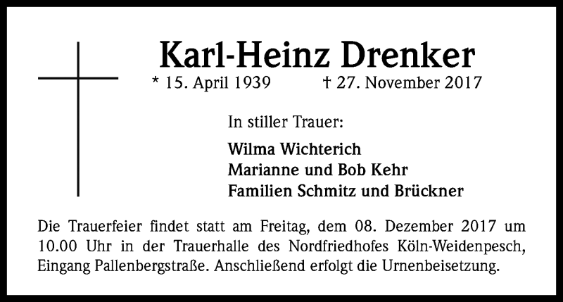  Traueranzeige für Karl-Heinz Drenker vom 06.12.2017 aus Kölner Stadt-Anzeiger / Kölnische Rundschau / Express