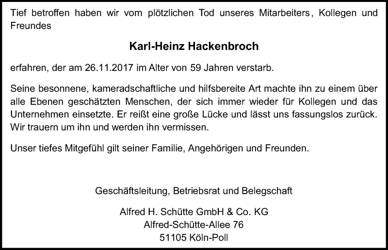  Traueranzeige für Karl-Heinz Hackenbroch vom 06.12.2017 aus  Kölner Wochenspiegel 