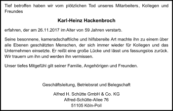 Anzeige von Karl-Heinz Hackenbroch von  Kölner Wochenspiegel 