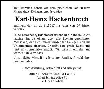 Anzeige von Karl-Heinz Hackenbroch von Kölner Stadt-Anzeiger / Kölnische Rundschau / Express