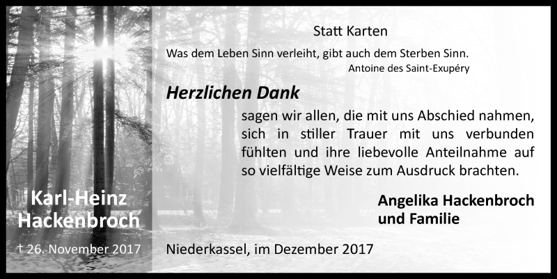 Traueranzeige für Karl-Heinz Hackenbroch vom 13.12.2017 aus  Kölner Wochenspiegel 