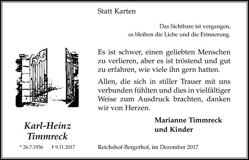  Traueranzeige für Karl-Heinz Timmreck vom 28.12.2017 aus  Anzeigen Echo  Lokalanzeiger 