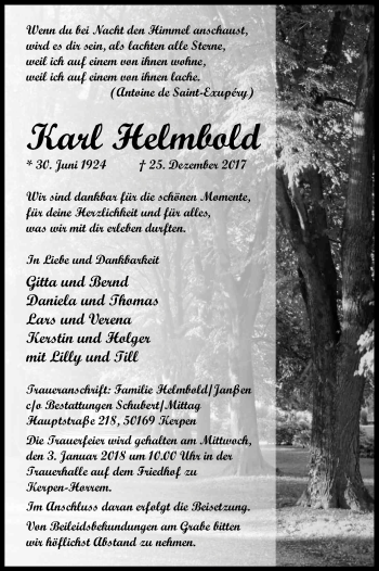 Anzeige von Karl Helmbold von Kölner Stadt-Anzeiger / Kölnische Rundschau / Express