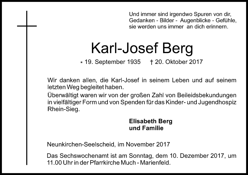  Traueranzeige für Karl-Josef Berg vom 02.12.2017 aus Kölner Stadt-Anzeiger / Kölnische Rundschau / Express
