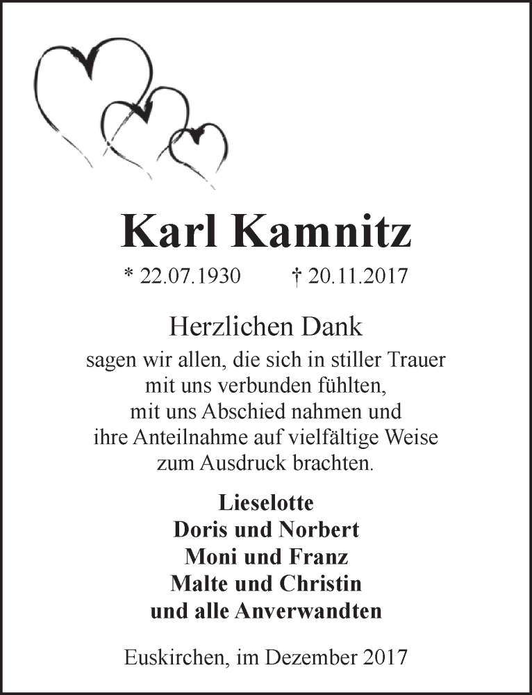  Traueranzeige für Karl Kamnitz vom 16.12.2017 aus  Blickpunkt Euskirchen 