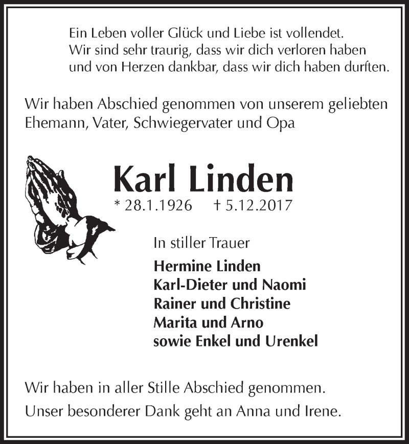  Traueranzeige für Karl Linden vom 20.12.2017 aus  Extra Blatt 