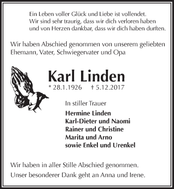 Anzeige von Karl Linden von  Extra Blatt 
