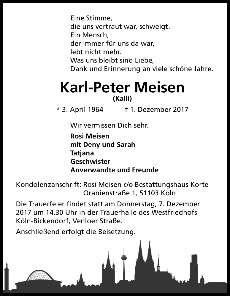  Traueranzeige für Karl-Peter Meisen vom 05.12.2017 aus Kölner Stadt-Anzeiger / Kölnische Rundschau / Express