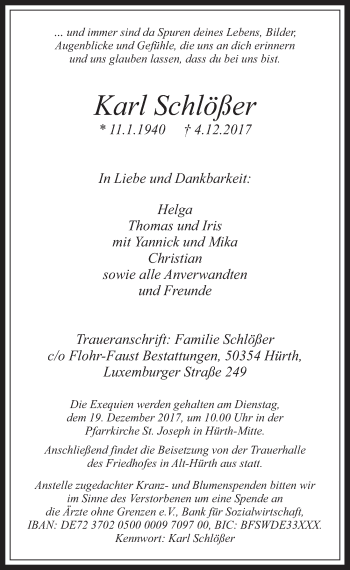 Anzeige von Karl Schlößer von  Wochenende 